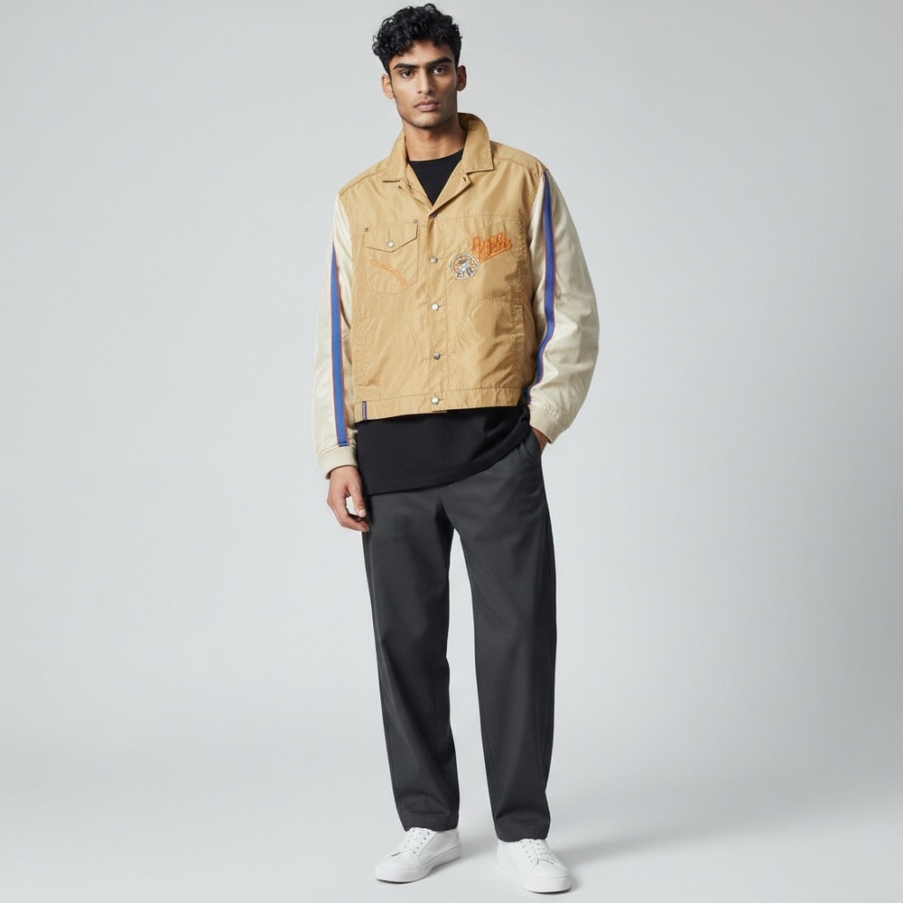 Rocawear Mens Tan Color Block Jacket with Patches Lightweight Y2K Varsity L